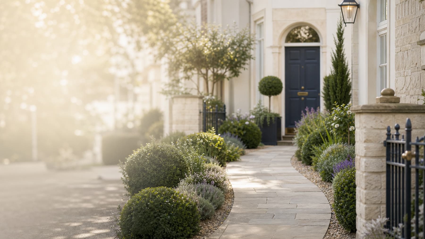 Warm garden path leading to a welcoming front door
